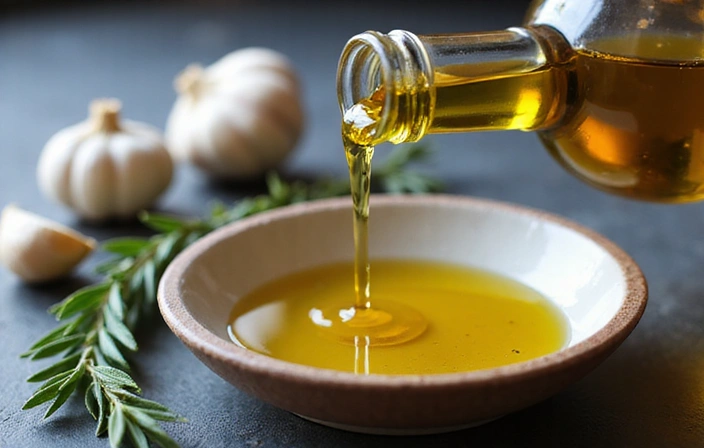 A close-up of extra virgin olive oil being poured into a small bowl, with fresh herbs nearby.
