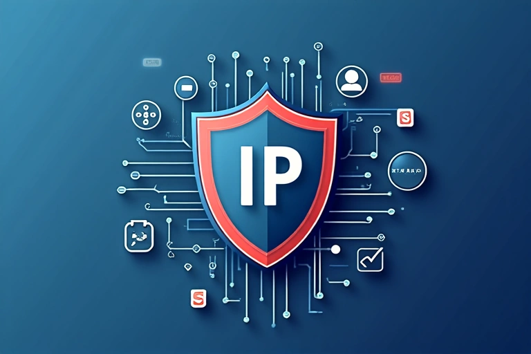 Digital illustration of a shield with a stylized 'IP' symbol, representing intellectual property protection